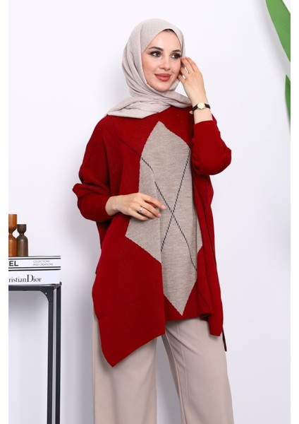 Vizon Bordo Yarasa Kol Yan Yırtmaçlı Triko Panço modelleri