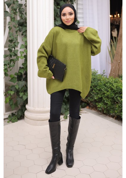 Yeşil Bisiklet Yaka Triko Kazak