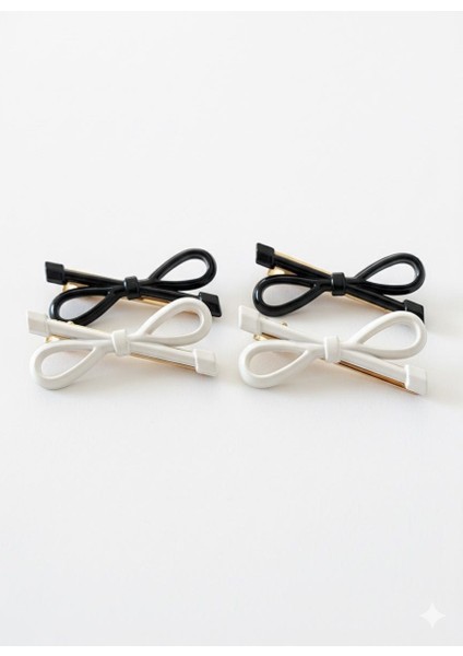 Kadın Fiyonklu Tokalar 4’lü Set - Siyah Beyaz Renk - Şık ve Zarif Saç Tokası