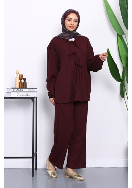 Mürdüm Ön Bağlamalı Bürümcük Kimono Pantolonlu Takım fiyatları