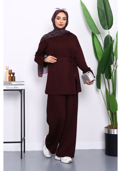 Bordo Düğme Detaylı Tunik Pantolonlu Modal Takım