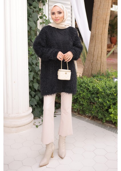 Siyah Simli Uzun Angora Yumoş Triko Hırka