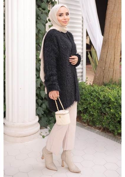 Siyah Simli Uzun Angora Yumoş Triko Hırka fiyatları