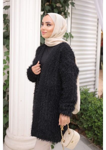 Siyah Simli Uzun Angora Yumoş Triko Hırka modelleri