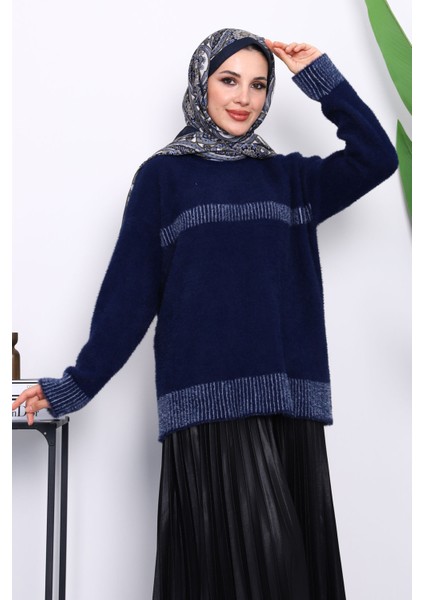 Lacivert Bisiklet Yaka Çizgili Angora Yumoş Triko Kazak