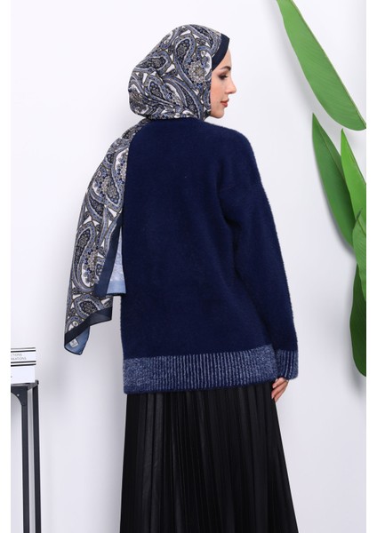Lacivert Bisiklet Yaka Çizgili Angora Yumoş Triko Kazak fırsatları