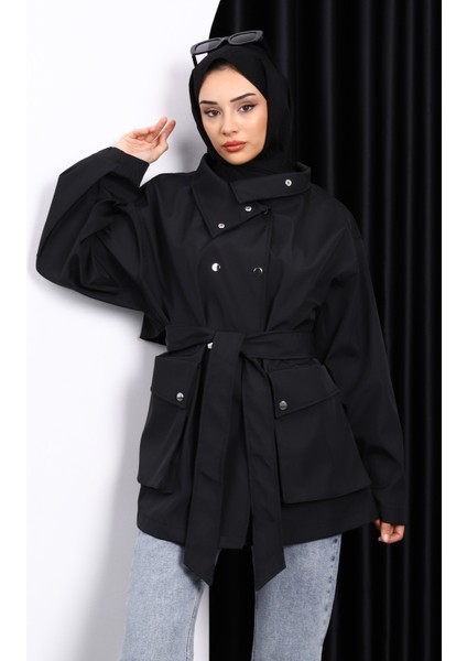 Siyah Oversize Cepli Bondit Trençkot fırsatları