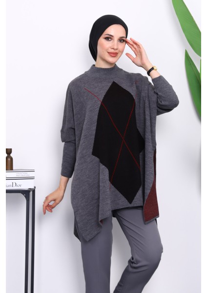 Füme Yarasa Kol Yan Yırtmaçlı Triko Panço