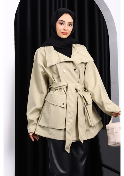Açık Haki Oversize Cepli Bondit Trençkot