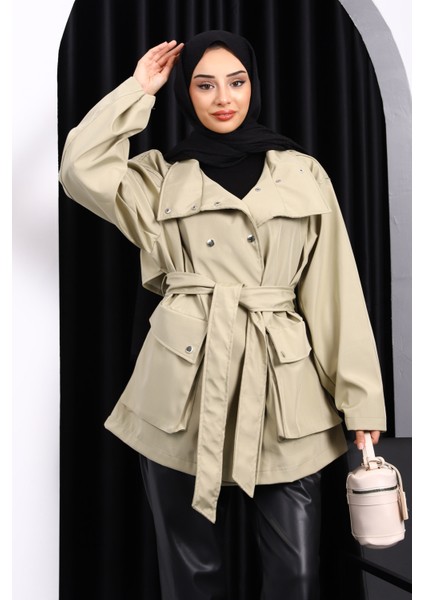 Açık Haki Oversize Cepli Bondit Trençkot modelleri