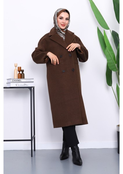 Kahverengi Kruvaze Yaka Astarlı Kaşe Kaban