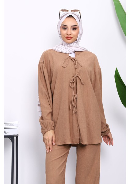 Vizon Ön Bağlamalı Bürümcük Kimono Pantolonlu Takım modelleri