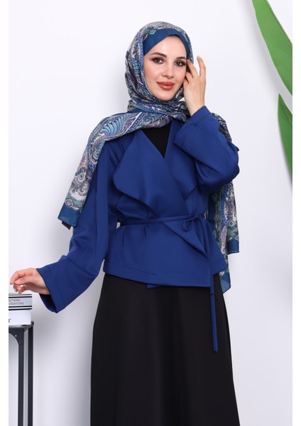 Lacivert Şal Yaka Scuba Puf Kısa Ceket