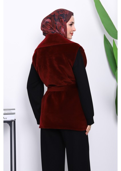 Bordo Kruvaze Yaka Kuşaklı Kaşe Yelek fırsatları