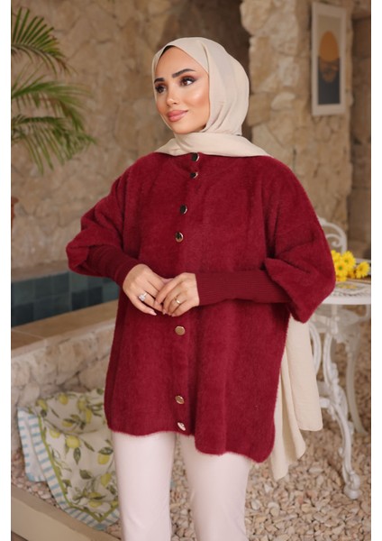 Bordo Dik Yaka Angora Yumoş Hırka