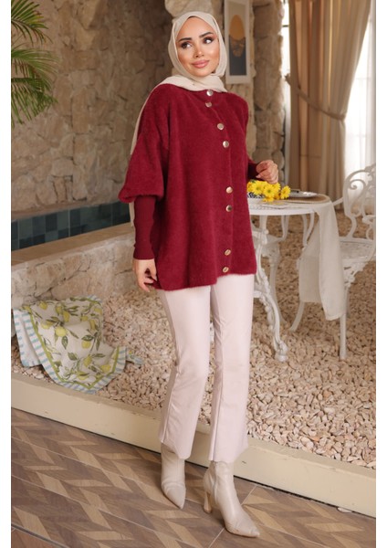 Bordo Dik Yaka Angora Yumoş Hırka fiyatları