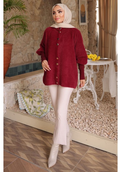 Bordo Dik Yaka Angora Yumoş Hırka modelleri