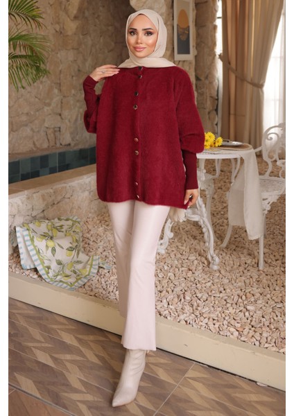 Bordo Dik Yaka Angora Yumoş Hırka fırsatları