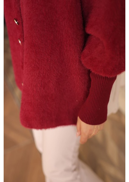 Bordo Dik Yaka Angora Yumoş Hırka indirimleri