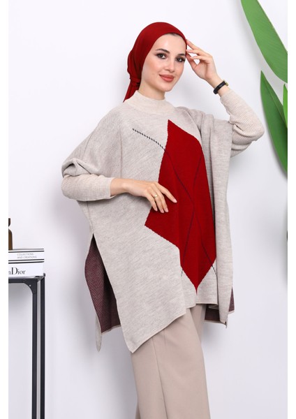 Taş Bordo Yarasa Kol Yan Yırtmaçlı Triko Panço