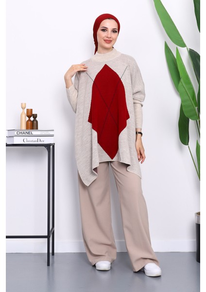 Taş Bordo Yarasa Kol Yan Yırtmaçlı Triko Panço fiyatları