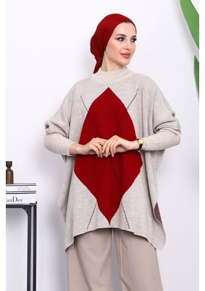 Taş Bordo Yarasa Kol Yan Yırtmaçlı Triko Panço modelleri