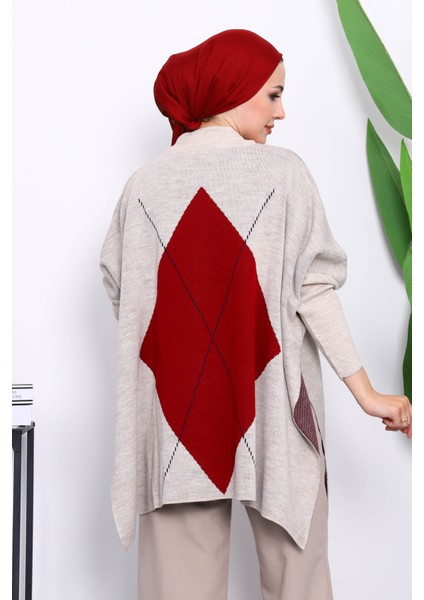 Taş Bordo Yarasa Kol Yan Yırtmaçlı Triko Panço fırsatları