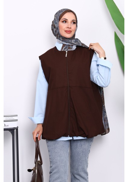 Kahverengi Fermuarlı Oversize Astarlı Yelek