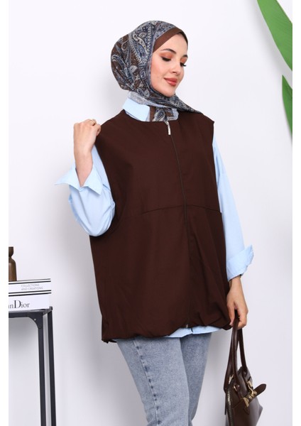 Kahverengi Fermuarlı Oversize Astarlı Yelek modelleri