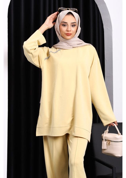 Sarı Taş Detaylı Tunik Pantolonlu Modal Takım modelleri