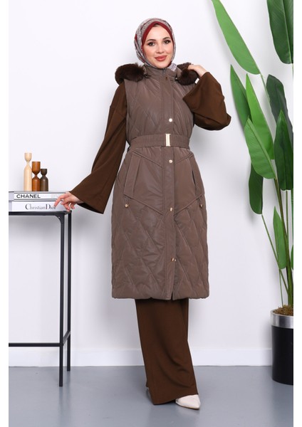 Koyuv Vizon Kürk Detaylı Kapşonlu Uzun Yelek fiyatları