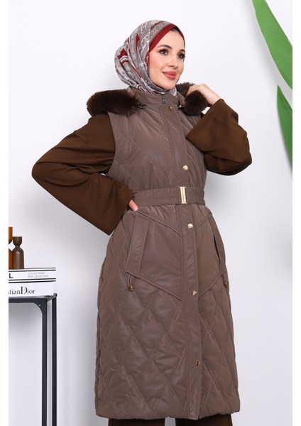 Koyuv Vizon Kürk Detaylı Kapşonlu Uzun Yelek modelleri