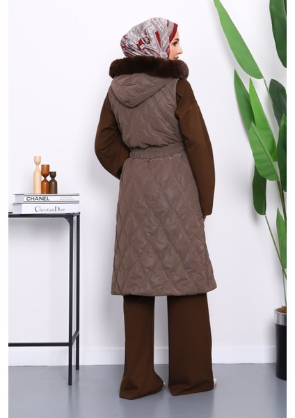 Koyuv Vizon Kürk Detaylı Kapşonlu Uzun Yelek fırsatları