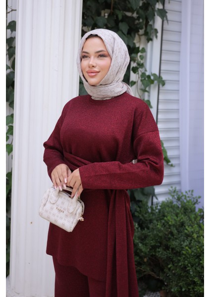 Bordo Bisiklet Yaka Simli Pantolonlu Takım modelleri