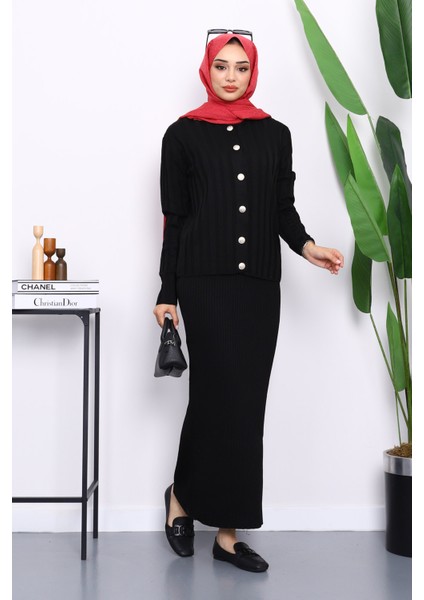 Siyah Crop Hırka Triko Elbise Ikili Kombin