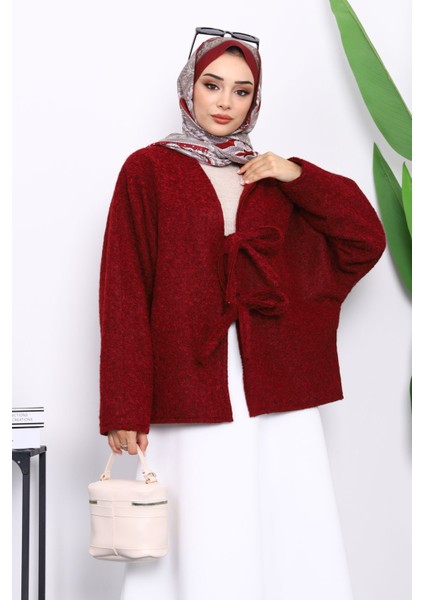 Bordo Önü Bağlamalı Keçe Kimono Ceket