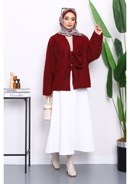 Bordo Önü Bağlamalı Keçe Kimono Ceket fiyatları