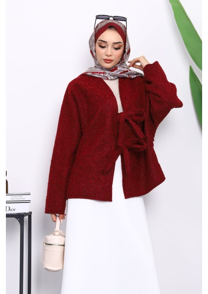 Bordo Önü Bağlamalı Keçe Kimono Ceket modelleri