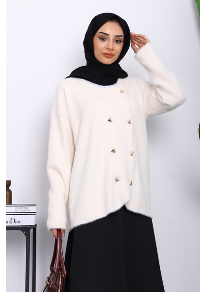 Krem Kalp Düğme Detaylı Angora Yumoş Triko Hırka