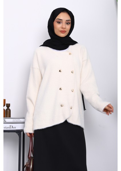 Krem Kalp Düğme Detaylı Angora Yumoş Triko Hırka modelleri