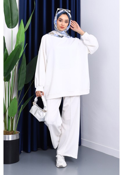 Ekru Iki Iplik Oversize Pantolonlu Takım