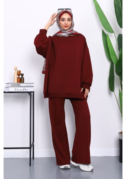Bordo Iki Iplik Oversize Pantolonlu Takım