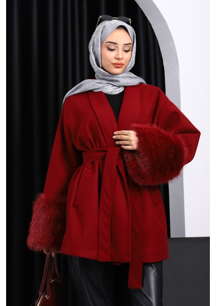 Bordo Bel Kuşaklı Çift Cepli Kaşe Kaban