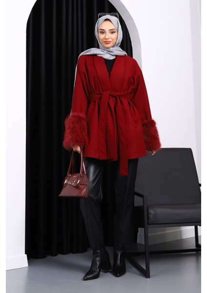 Bordo Bel Kuşaklı Çift Cepli Kaşe Kaban fiyatları