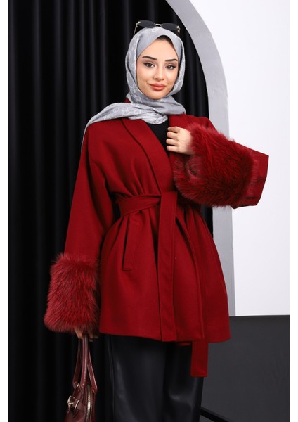 Bordo Bel Kuşaklı Çift Cepli Kaşe Kaban modelleri