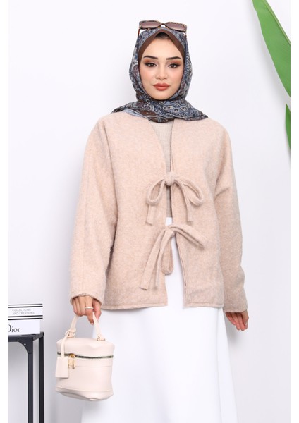 Bej Önü Bağlamalı Keçe Kimono Ceket