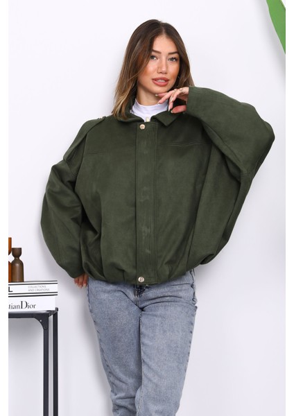 Haki Omuz Apoletli Süet Ceket
