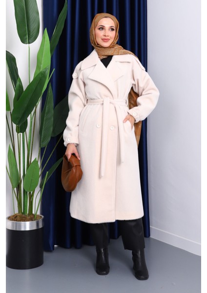 Krem Kruvaze Yaka Kuşaklı Angora Kaban