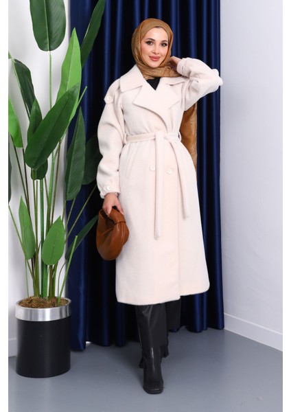 Krem Kruvaze Yaka Kuşaklı Angora Kaban fiyatları