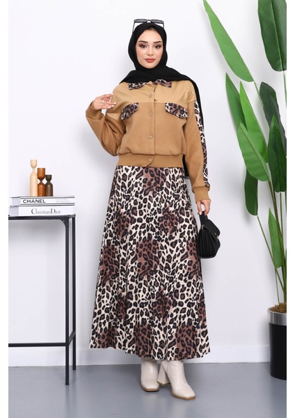 Bisküvi Leopar Desenli Ceket Etekli Takım